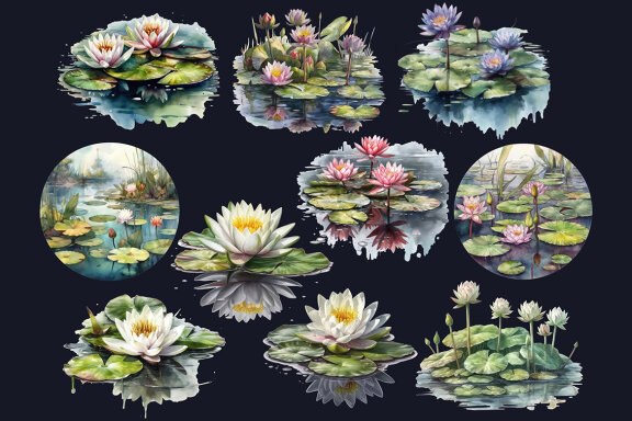 Watercolor Water Lilies Pond PNG Bundle