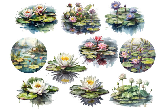 Watercolor Water Lilies Pond PNG Bundle