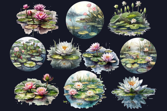 Watercolor Water Lilies Pond PNG Bundle