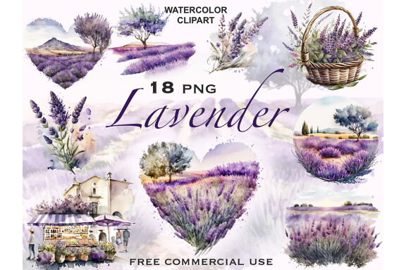 Lavender Fields PNG Bundle, Watercolor Floral Landscape clipart