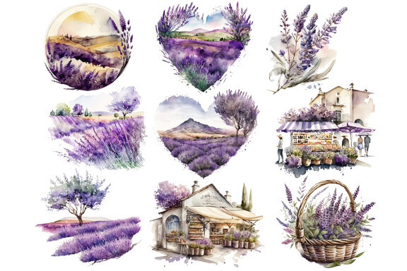 Lavender Fields PNG Bundle, Watercolor Floral Landscape clipart