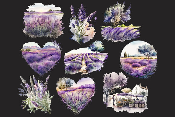Lavender Fields PNG Bundle, Watercolor Floral Landscape clipart