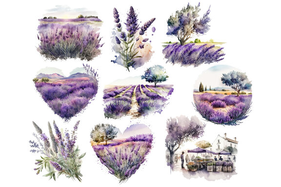 Lavender Fields PNG Bundle, Watercolor Floral Landscape clipart