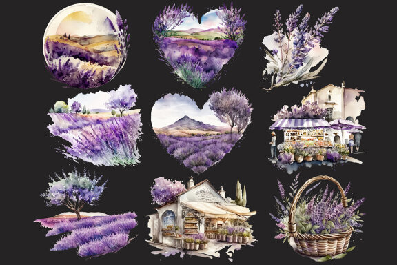 Lavender Fields PNG Bundle, Watercolor Floral Landscape clipart