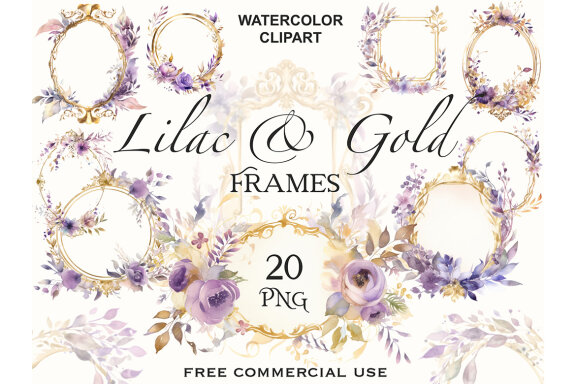Lilac & Gold Flower Frames PNG Bundle