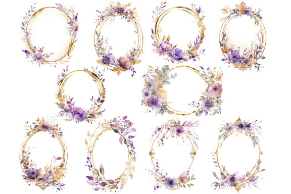 Lilac & Gold Flower Frames PNG Bundle