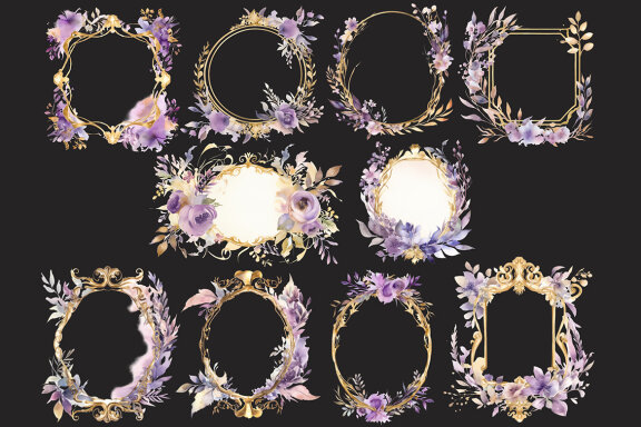 Lilac & Gold Flower Frames PNG Bundle