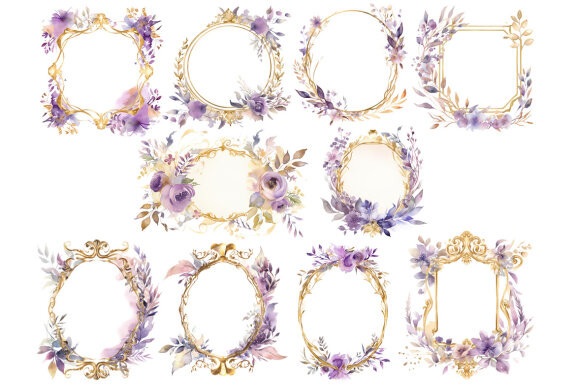Lilac & Gold Flower Frames PNG Bundle