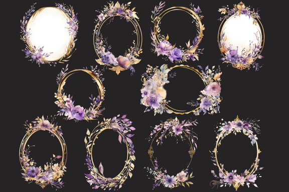 Lilac & Gold Flower Frames PNG Bundle