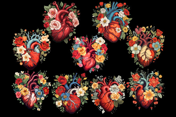 Floral Anatomical Hearts PNG Bundle