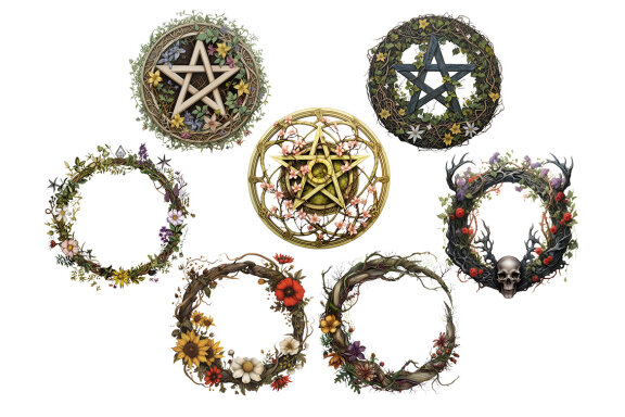 Pagan Wreaths & Pentagrams PNG bundle