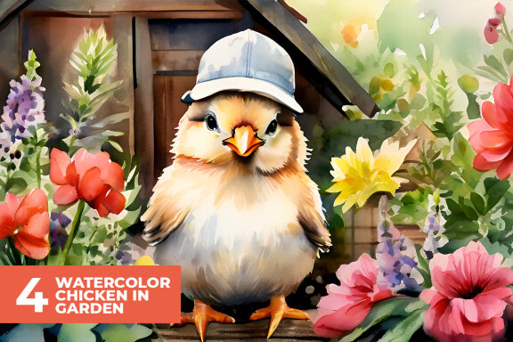 4 Watercolor Chicks in Garden Stock Images