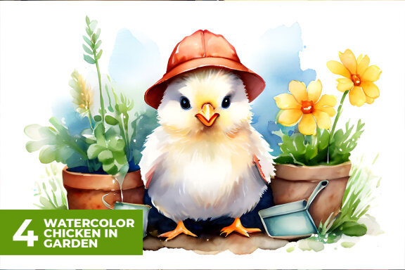 4 Watercolor Chicks in Garden Stock Images