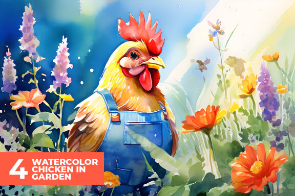 4 Watercolor Rooster in Garden Stock Images