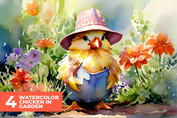 4 Watercolor Chicks in Garden Stock Images