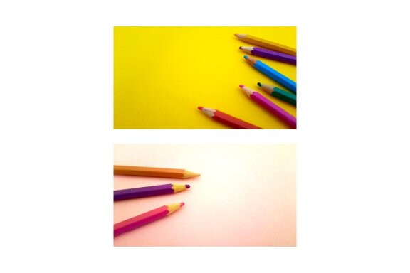 Five photos of colored pencils