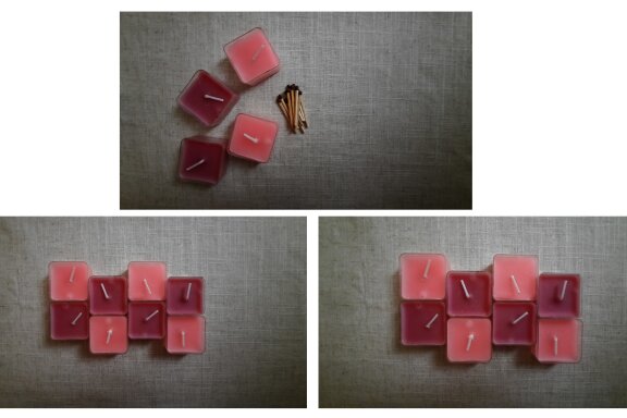 Nine photos of square-shaped candles