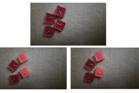 Nine photos of square-shaped candles