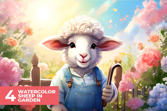 4 Watercolor Sheep in Garden Stock Images