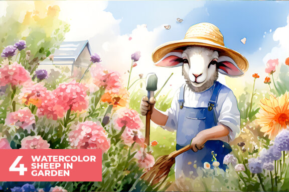 4 Watercolor Sheep in Garden Stock Images