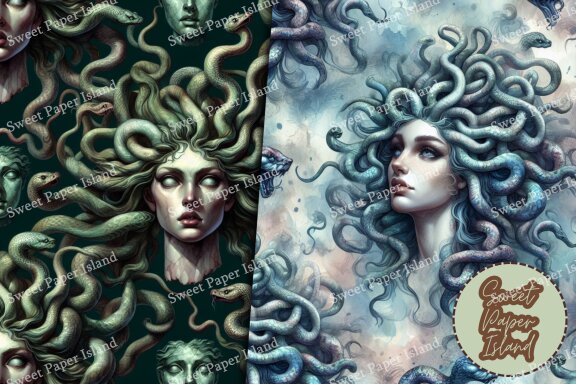 6 FREE Digital Papers - Medusa Head In Watercolor 
