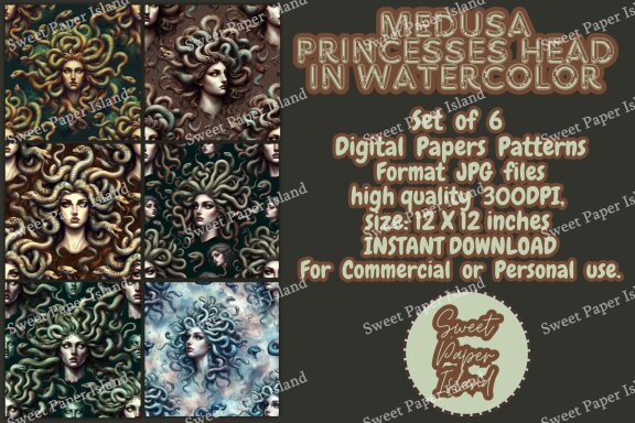 6 FREE Digital Papers - Medusa Head In Watercolor 