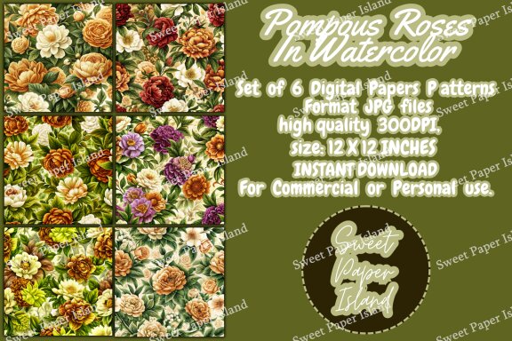 6 FREE Digital Papers - Pompous Roses In Watercolor
