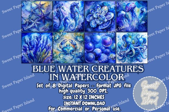 8 FREE Digital Papers - Blue Water Creatures