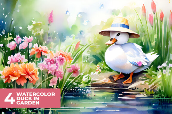 4 Watercolor Duck in Garden Stock Images