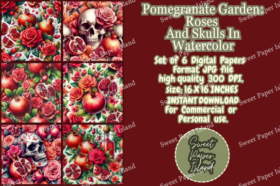 6 FREE Digital Papers - Roses And Skulls In Watercolor