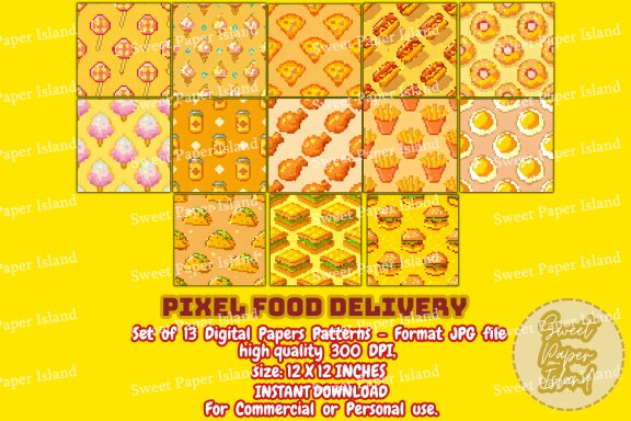Pack Of 13 Digital Papers Patterns - Pixel Food Delivery 