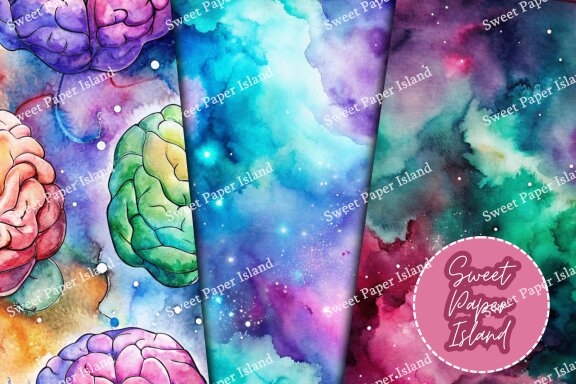 Pack Of 6 Digital Papers - Mental Galaxy In Watercolor 