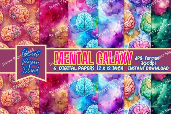 Pack Of 6 Digital Papers - Mental Galaxy In Watercolor 