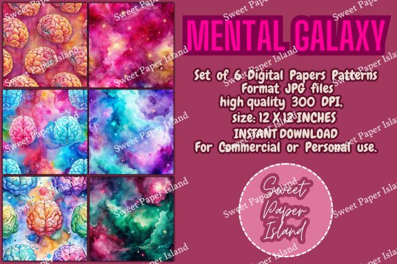 Pack Of 6 Digital Papers - Mental Galaxy In Watercolor 