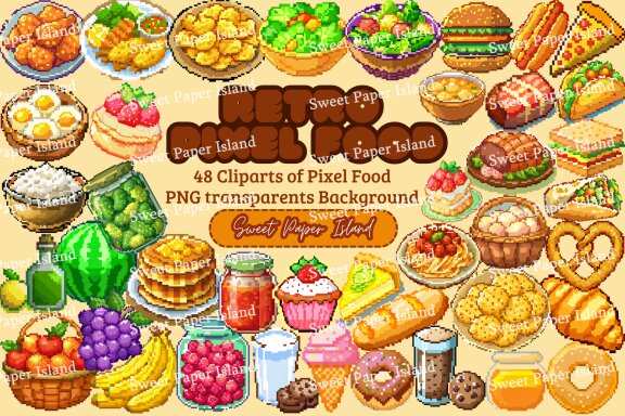 Mega Pack Of 48 Cliparts - Retro Pixel Food Style
