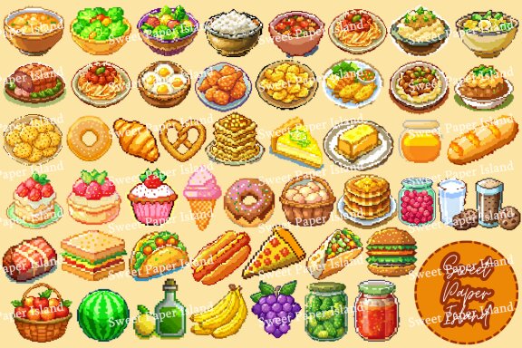Mega Pack Of 48 Cliparts - Retro Pixel Food Style