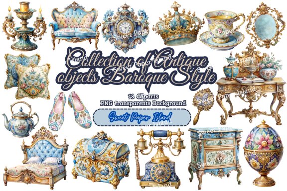 Pack Of 18 Cliparts - Collection Of Antique Objects Baroque Style 