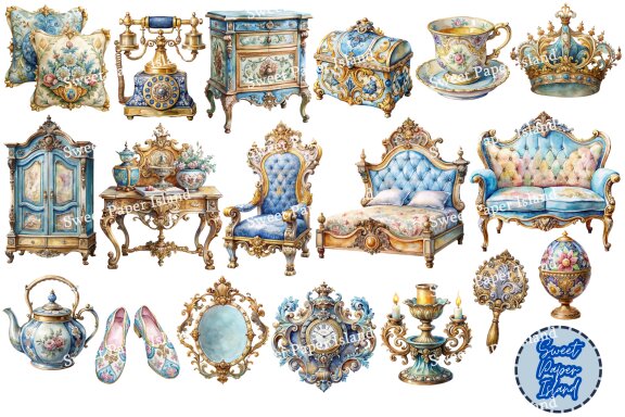 Pack Of 18 Cliparts - Collection Of Antique Objects Baroque Style 