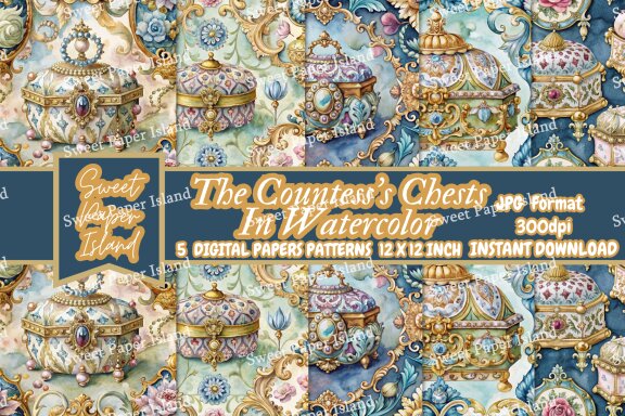 Pack Of 5 Digital Papers Patterns - The Countess's Chests In Watercolor