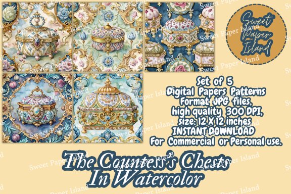 Pack Of 5 Digital Papers Patterns - The Countess's Chests In Watercolor