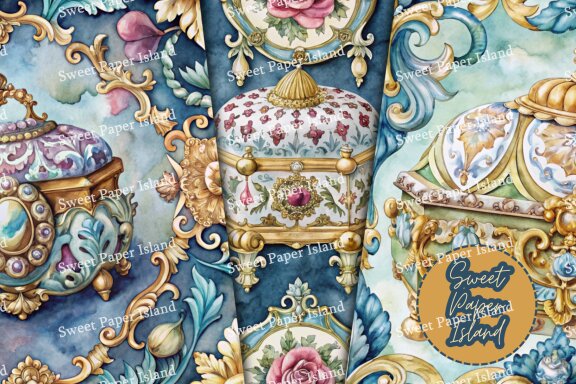 Pack Of 5 Digital Papers Patterns - The Countess's Chests In Watercolor