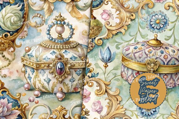 Pack Of 5 Digital Papers Patterns - The Countess's Chests In Watercolor