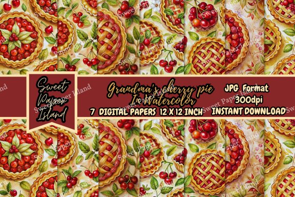Pack Of 7 Digital Paper Patterns - Grandma's Cherry Pie In Watercolor