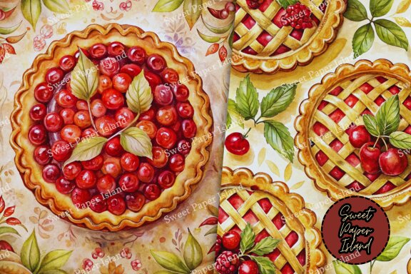 Pack Of 7 Digital Paper Patterns - Grandma's Cherry Pie In Watercolor