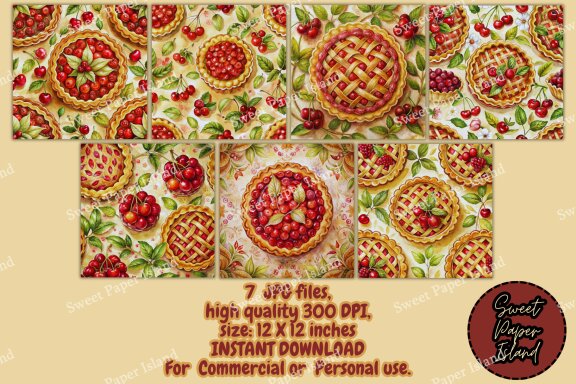 Pack Of 7 Digital Paper Patterns - Grandma's Cherry Pie In Watercolor