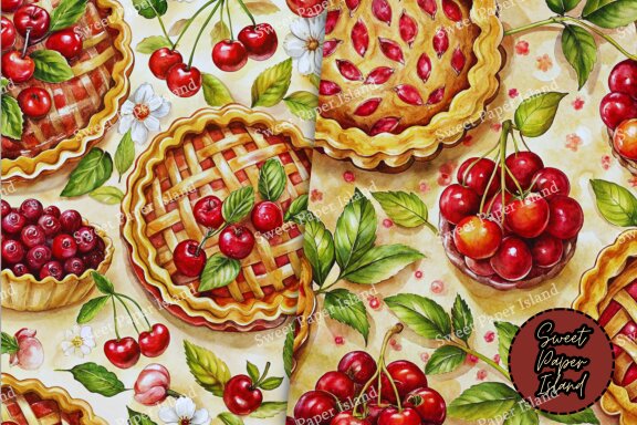 Pack Of 7 Digital Paper Patterns - Grandma's Cherry Pie In Watercolor