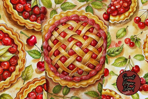 Pack Of 7 Digital Paper Patterns - Grandma's Cherry Pie In Watercolor