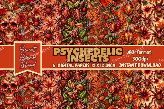 Pack Of 6 Digital Papers Patterns - Psychedelic Insects