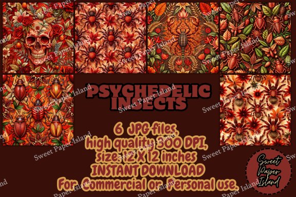 Pack Of 6 Digital Papers Patterns - Psychedelic Insects