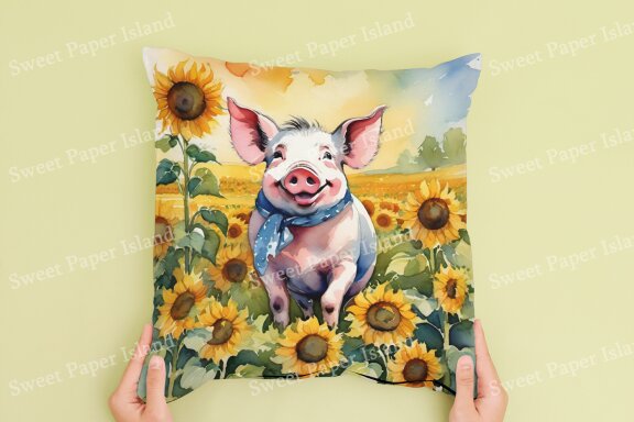 Set of 6 Digital Papers - Farmer Pigs With Sunflowers In Watercolor